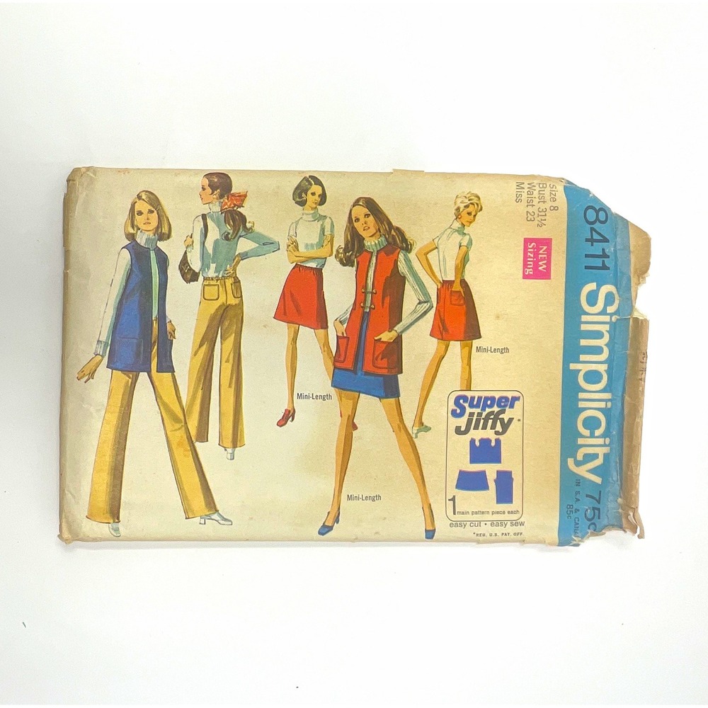 Simplicity 8411 VTG 60s Sewing Pattern Misses Skirt Vest Pants Sz 8 CUT